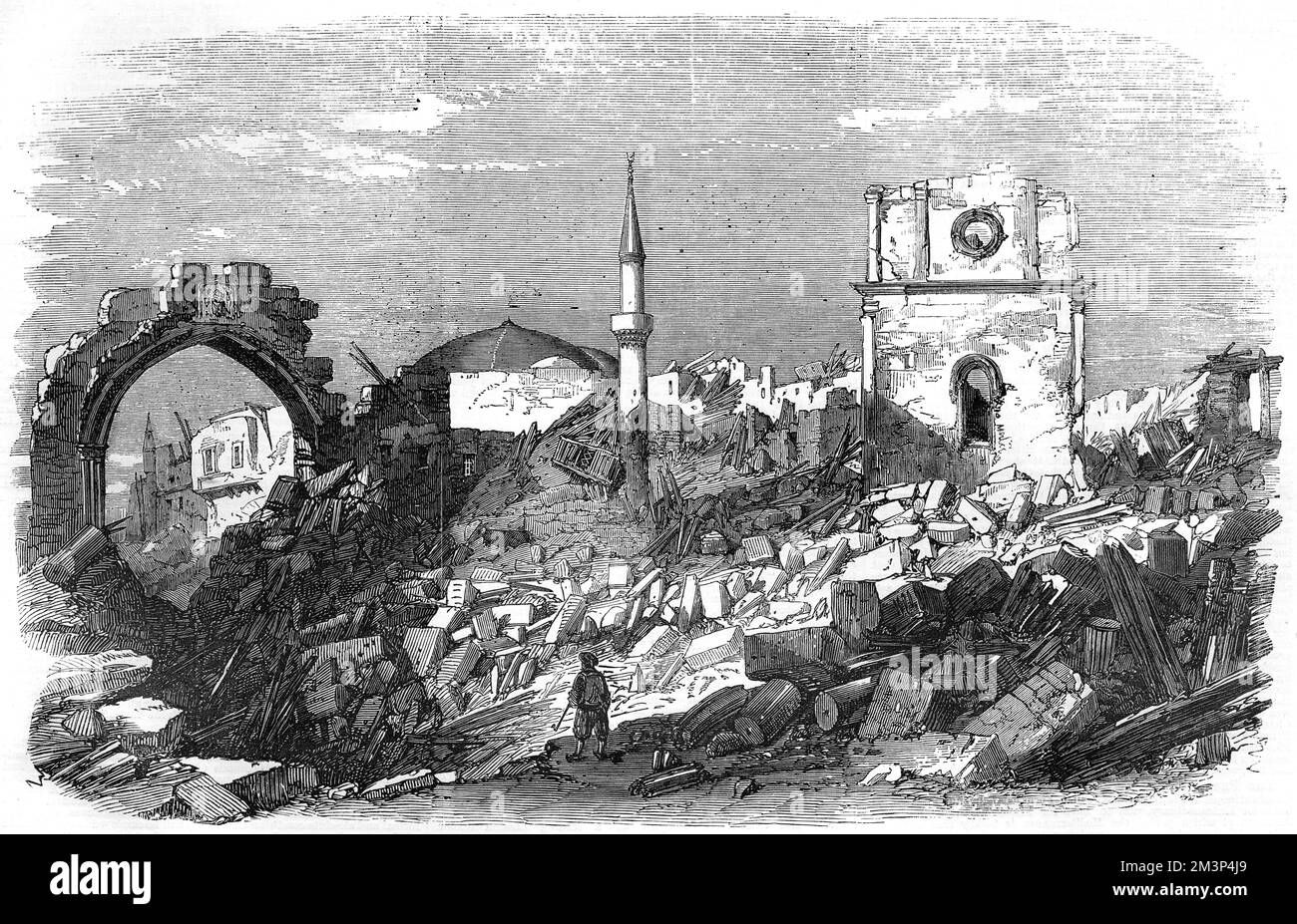Scene of the explosion in Rhodes. On 2nd November 1856 there had been a huge earthquake at Rhodes which partially destroyed the town.  Then on the 6th November, 12,000 pounds of gunpowder  which had been placed by order of the Turkish government in the Church of St. John (because it was made of stone thus less likely to be affected by fire) was ignited by a thunderbolt or lightning during a storm, and blew up. The explosion destroyed the Palace of the Grand Master (the building seen here on the right) and 200 buildings.     Date: 1857 Stock Photo