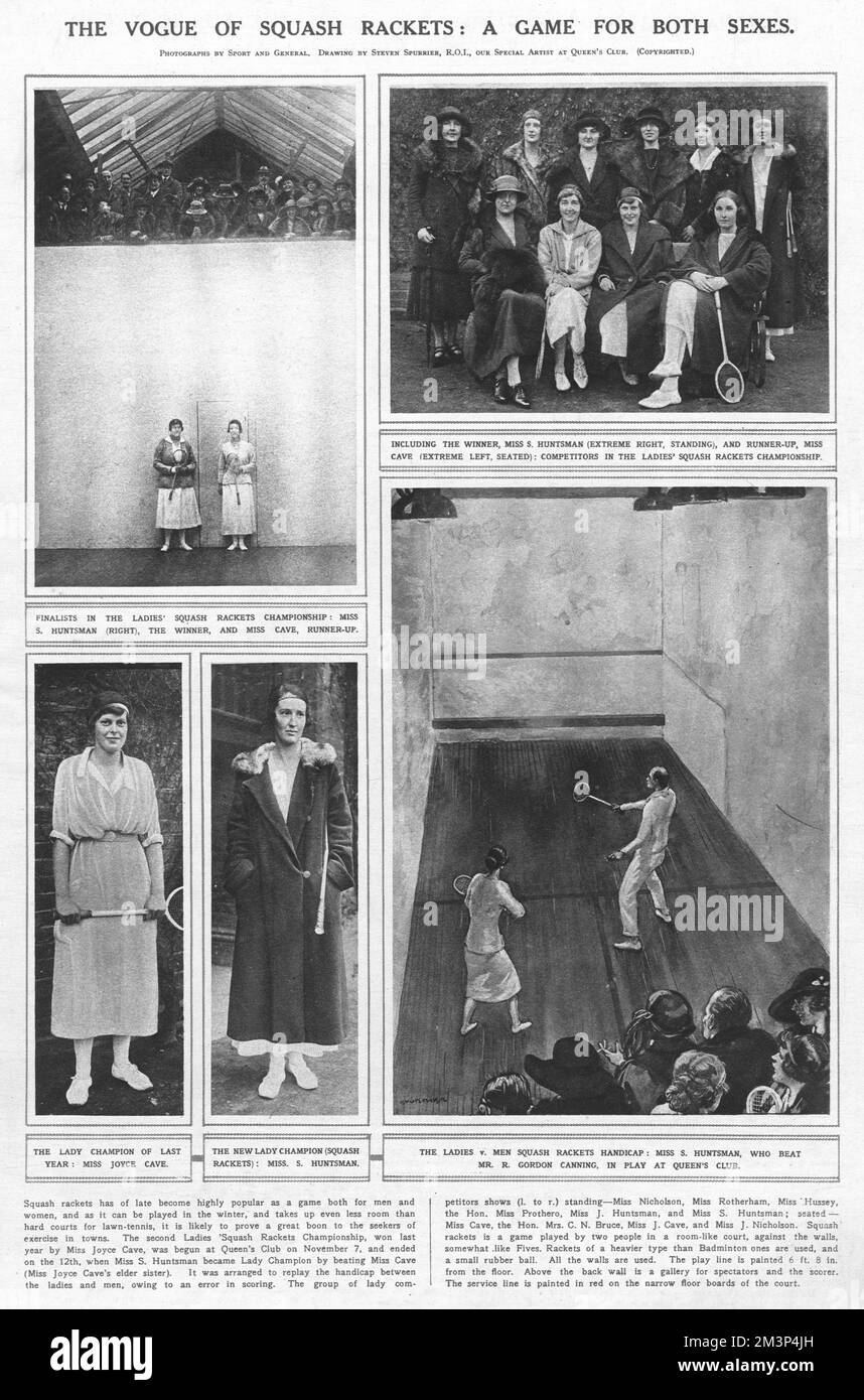 A page from the Illustrated London News in 1922, describing the new vogue for squash. Miss Joyce Cave(lady squash champion of 1921) and Miss S. Huntsman(champion of 1922) are photographed with their rackets, and an illustration by Steven Spurrier, ILN special artist, features Mr. R. Gordon Canning playing Miss Hunstman at Queen's Club in the ladies versus men squash rackets handicap.     Date: 1922 Stock Photo