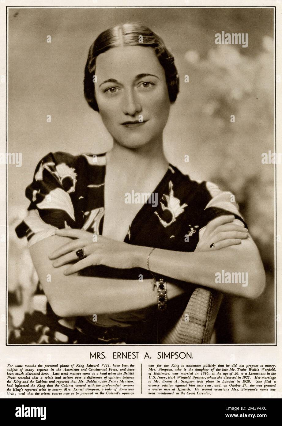 Mrs Ernest A. (Wallis) Simpson.  She had recently obtained a divorce, and her name was increasingly being connected with King Edward VIII.  She would eventually become the Duchess of Windsor when Edward abdicated the throne in order to marry her.  This edition of The Sketch is dated two days before the abdication.   1936 Stock Photo