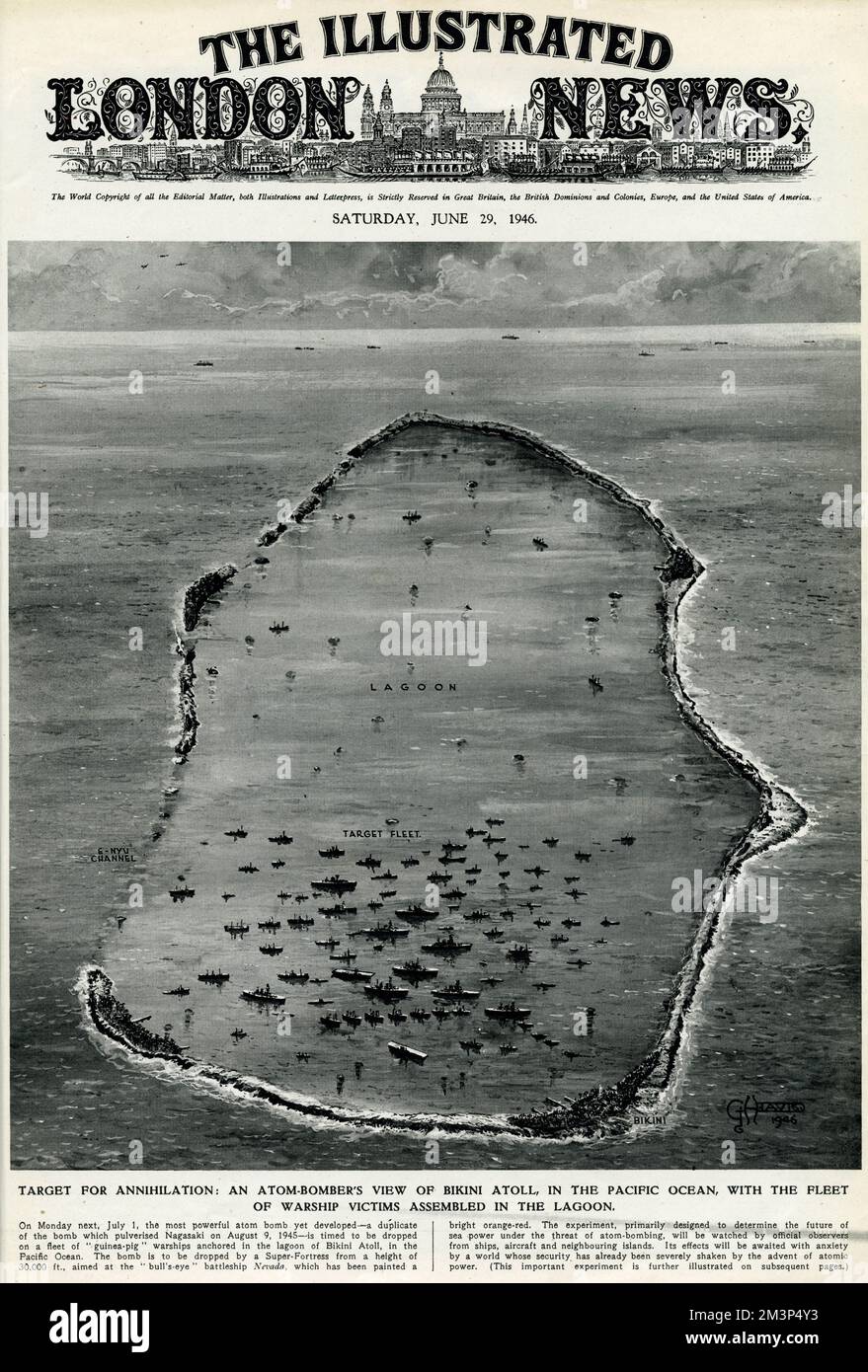 Target for annihilation: an atom bomber's view of Bikini Atoll, in the Pacific Ocean, with the fleet of warship victims assembled in the lagoon. Stock Photo