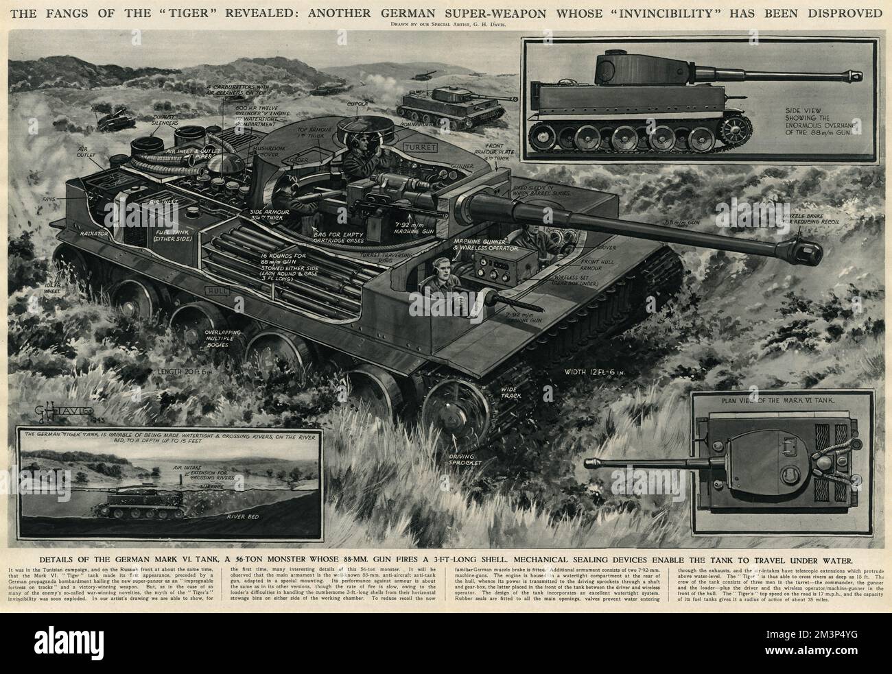 The fangs of the 'Tiger' revealed: another German super-weapon whose 'invincibility' has been disproved.  Details of the German Mark VI tank, a 56-ton monster whose 88mm gun fires a three foot long shell.  Mechanical sealing devices enable the tank to travel under water.      Date: 1943 Stock Photo