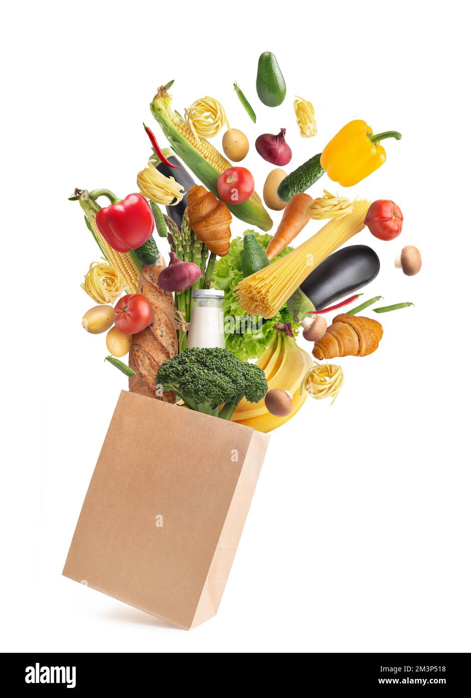 Paper bag with products on a white Stock Photo