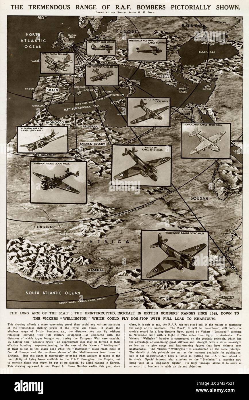 The tremendous range of RAF bombers pictorially shown.  The uninterrupted increase in British bombers' ranges since 1918, down to the Vickers Wellington, which could fly non-stop with full load to Khartoum.      Date: 1939 Stock Photo