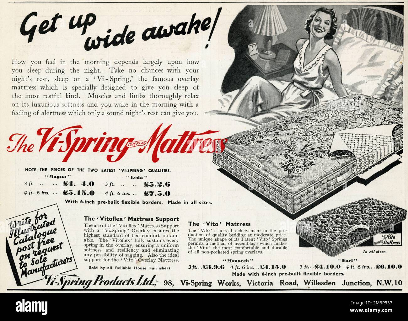 'Get up wide awake'!  How you feel in the morning depends largely upon how you sleep during the night.  Take no chances with your night's rest, sleep on a 'Vi-Spring', the famous overlay mattress which is specially designed to give you sleep of most restful kind.     Date: 1939 Stock Photo