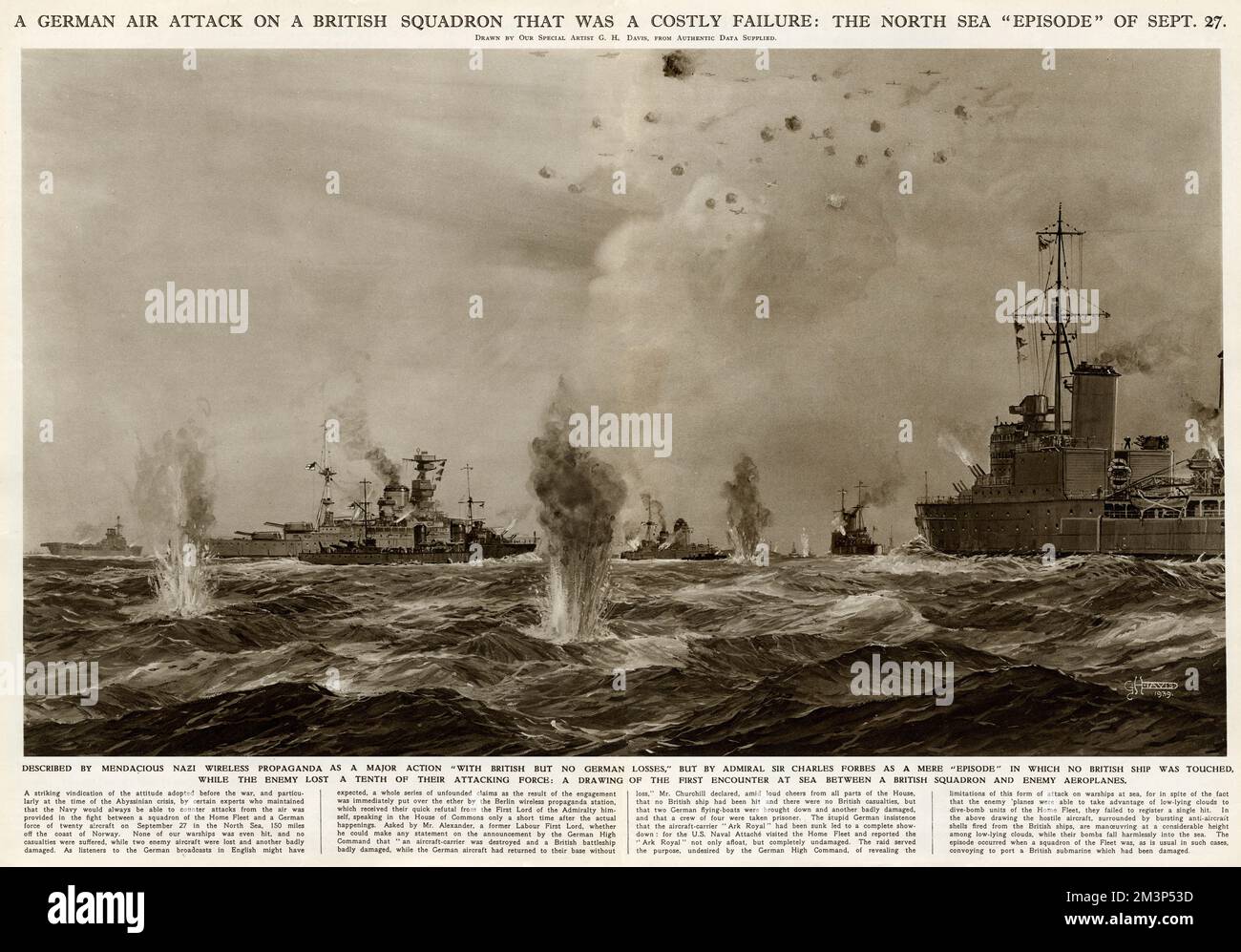 A German air attack on a British squadron in the North Sea, 150 miles off the coast of Norway, in the early stages of the Second World War.  German propaganda claimed there had been British losses, but Admiral Sir Charles Forbes described it as an 'episode' during which no British ship was touched.      Date: 27 September 1939 Stock Photo