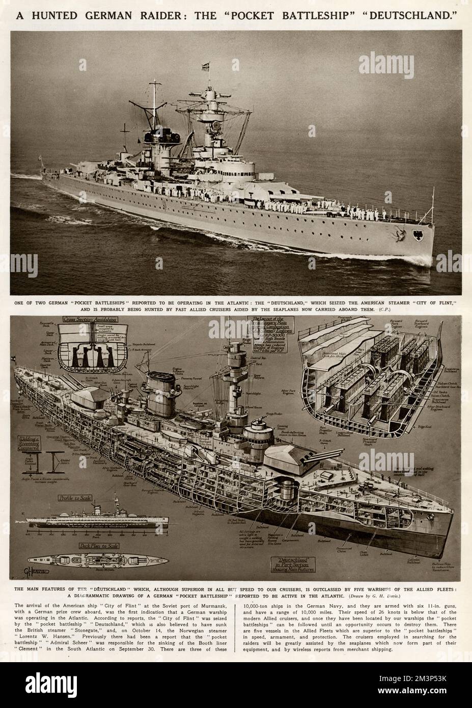 A hunted German raider believed to be active in the Atlantic: the pocket battleship Deutschland.  A photograph (above), and a cross-section drawing (below).       Date: 1939 Stock Photo