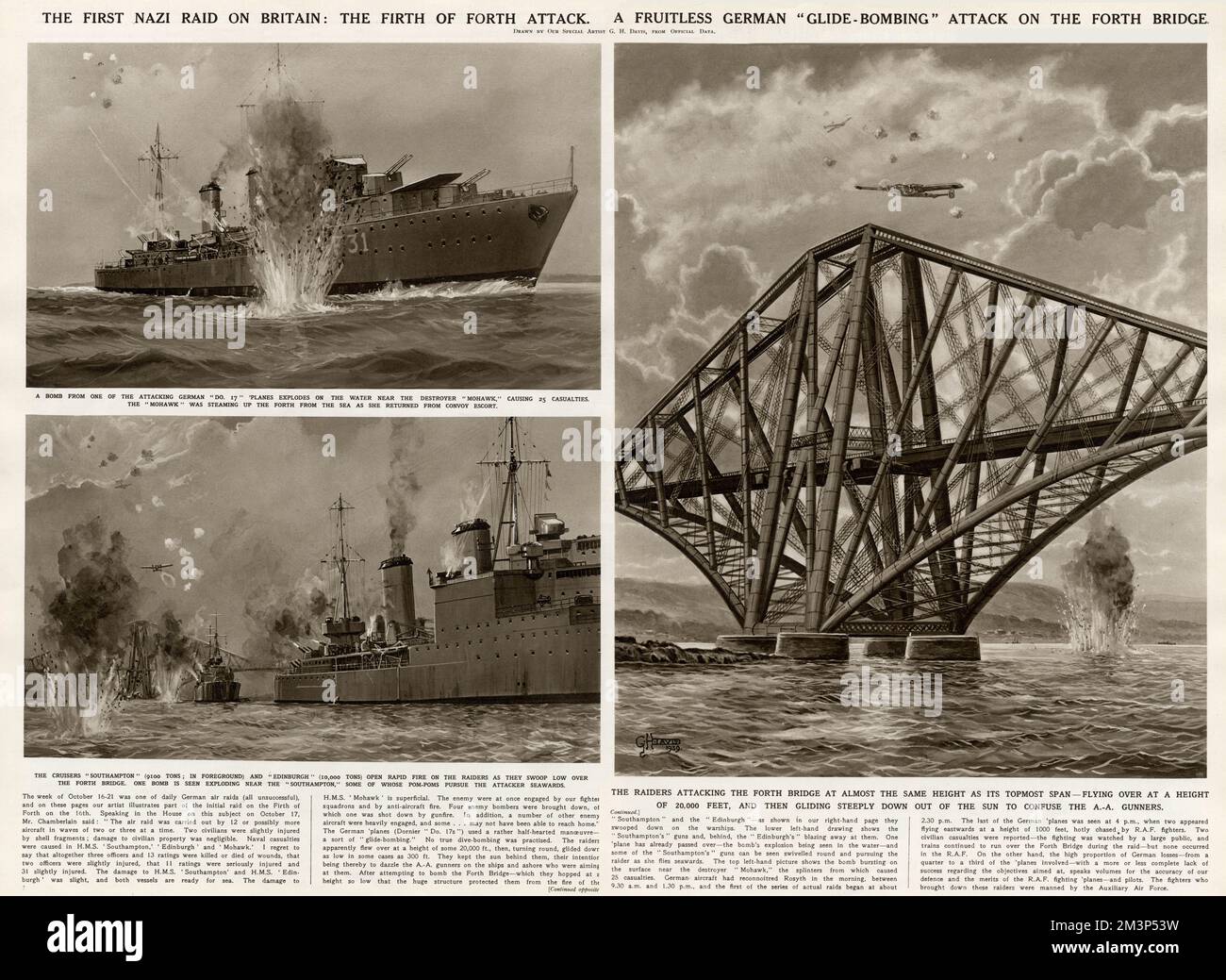 The first Nazi raid on Britain: the Firth of Forth attack.  A fruitless German glide-bombing attack on the Forth Bridge.  On the left, an explosion near the destroyer Mohawk (above), and the cruisers Southampton and Edinburgh opening fire (below). On the right, the raiders attacking the bridge, then gliding steeply down out of the sun to confuse the AA gunners.      Date: October 1939 Stock Photo