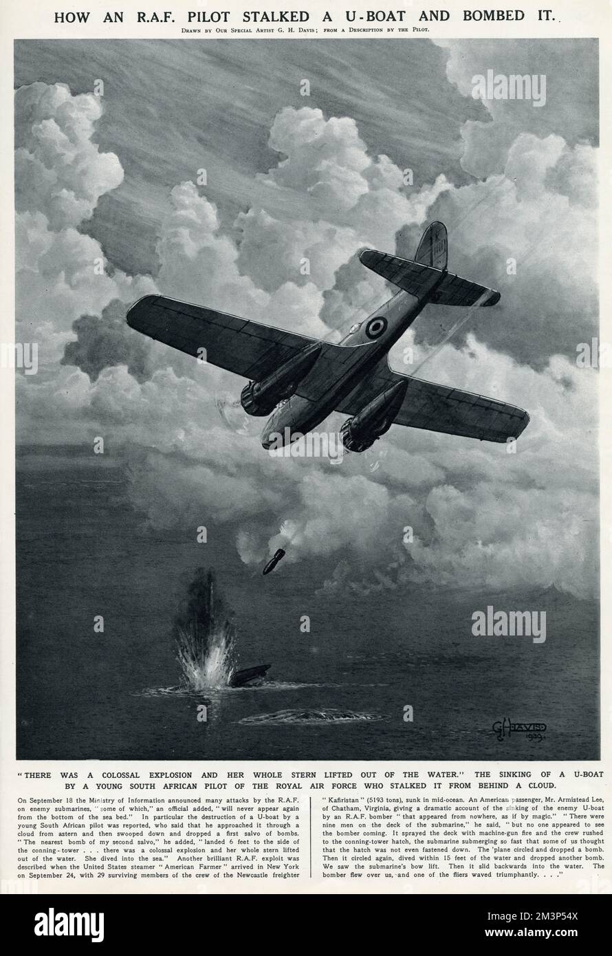 How an RAF pilot stalked a U-boat and bombed it.  The sinking of a German U-boat by a young South African pilot of the RAF.      Date: 1939 Stock Photo
