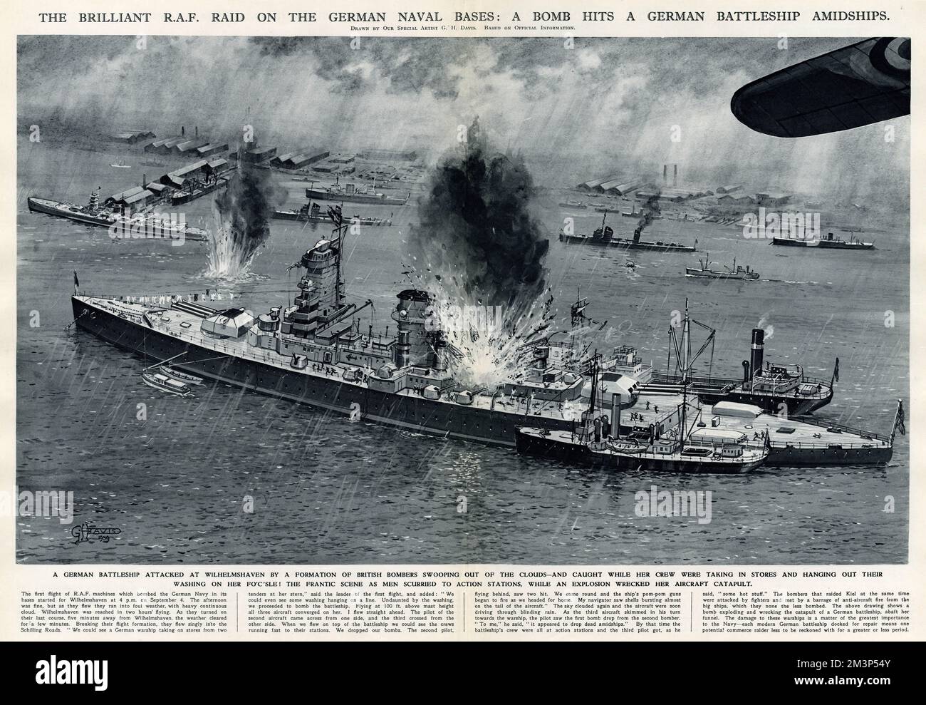 The brilliant RAF raid on the German naval bases: a bomb hits a German battleship amidships.  A German battleship attacked at Wilhelmshaven by a formation of British bombers swooping out of the clouds.      Date: 1939 Stock Photo