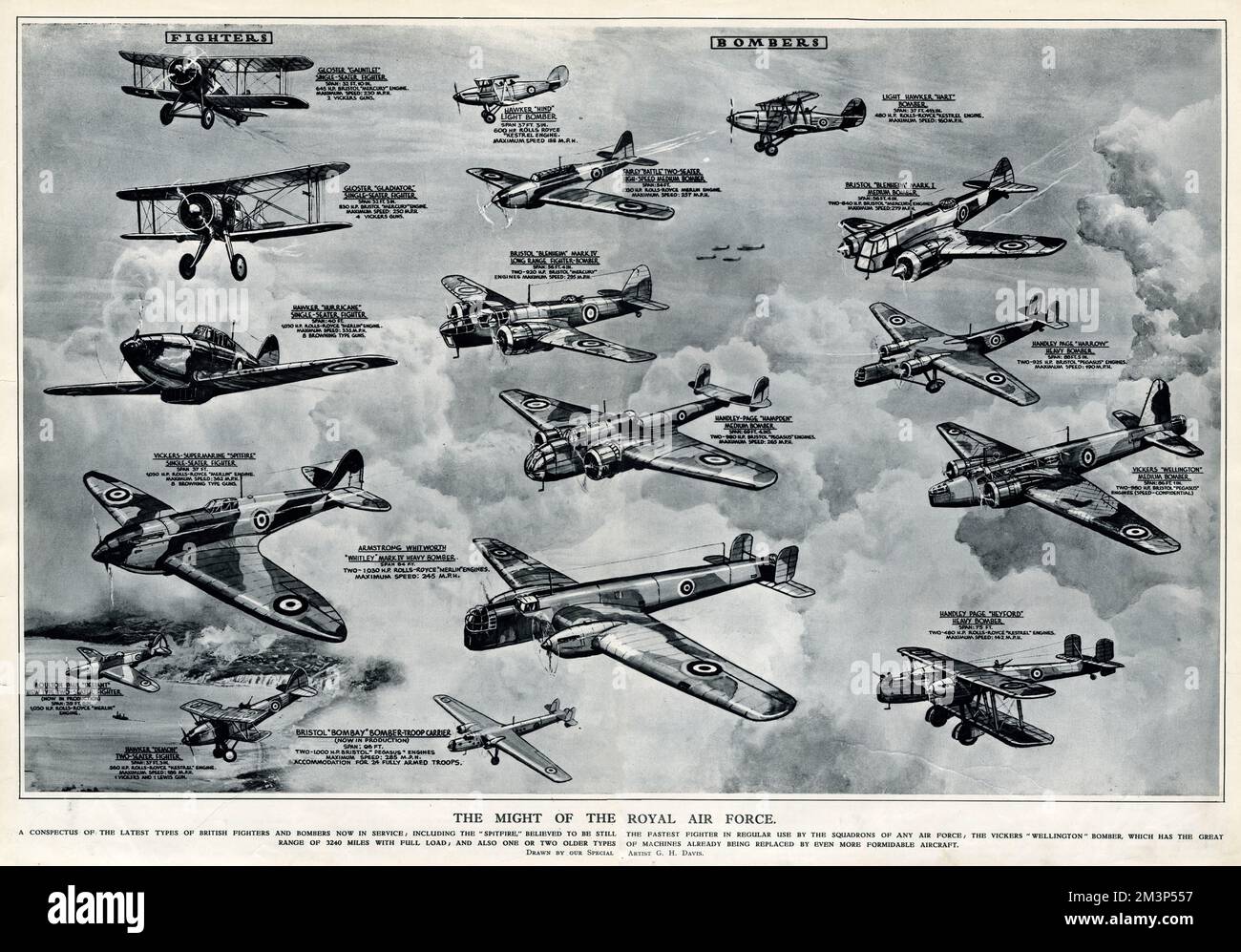 The might of the Royal Air Force, showing the latest types of British fighters and bombers in service at the start of the Second World War.  Included are the Spitfire, and the Vickers Wellington bomber.      Date: 1939 Stock Photo