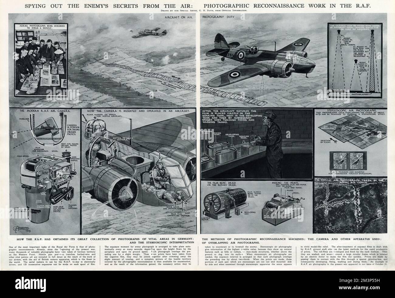 Spying out the enemy's secrets from the air: photographic reconnaissance work in the RAF.  How the RAF has obtained its great collection of photographs of vital areas in Germany: the methods of photographic reconnaissance machines; the camera and other apparatus used; and the stereoscopic interpretation of overlapping air photographs.      Date: 1939 Stock Photo