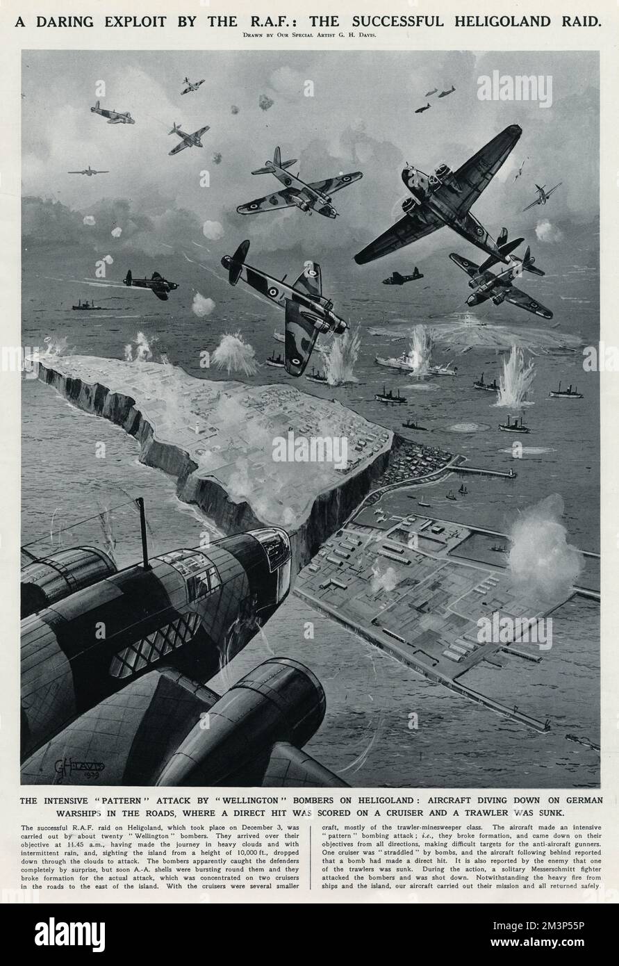 A daring exploit by the RAF: the successful Heligoland raid.  The intensive 'pattern' attack by Wellington bombers on Heligoland: aircraft diving down on German warships.  A direct hit was scored on a cruiser and a trawler was sunk.      Date: 3 December 1939 Stock Photo