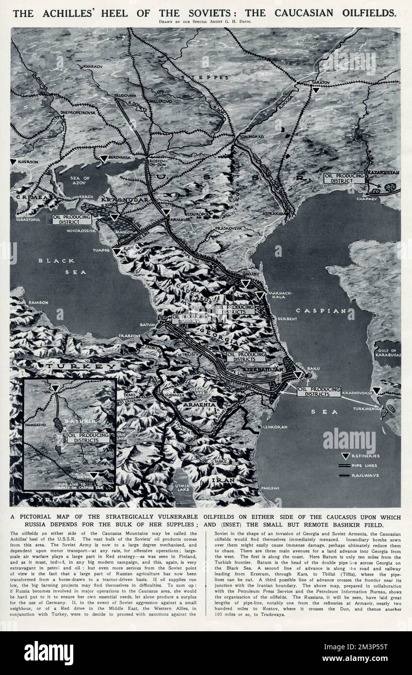 The Achilles Heel of the Soviets: the Caucasian oilfields.  A pictorial map of the strategically vulnerable oilfields on either side of the Caucasus upon which Russia depends for the bulk of her supplies, and (inset) the small but remote Bashkir Field.      Date: 1940 Stock Photo