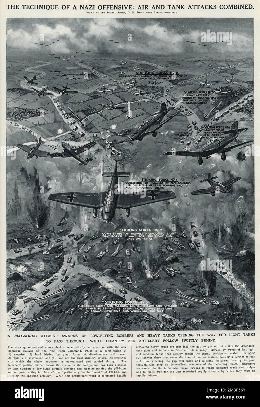 The technique of a Nazi offensive: air and tank attacks combined.  A Blitzkrieg attack: swarms of low-flying bombers and heavy tanks opening the way for light tanks to pass through, while infantry and artillery follow swiftly behind.      Date: 1940 Stock Photo