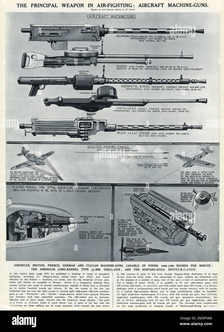 The principal weapon in air fighting during the Second World War: aircraft machine guns.  American, British, French, German and Italian machine guns, capable of firing 1000-1200 rounds per minute.  The American long-barrel type 37mm shell gun, and the Hispano-Suiza moteur-canon.      Date: 1940 Stock Photo