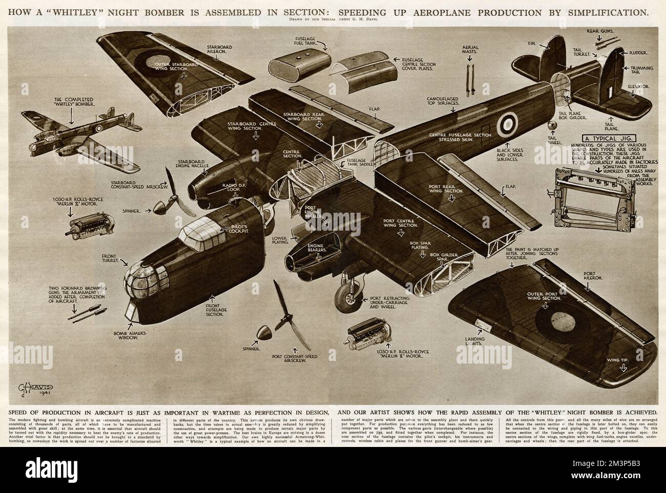 How a Whitley night bomber is assembled in section, speeding up aeroplane production by simplification during the Second World War.       Date: 1941 Stock Photo
