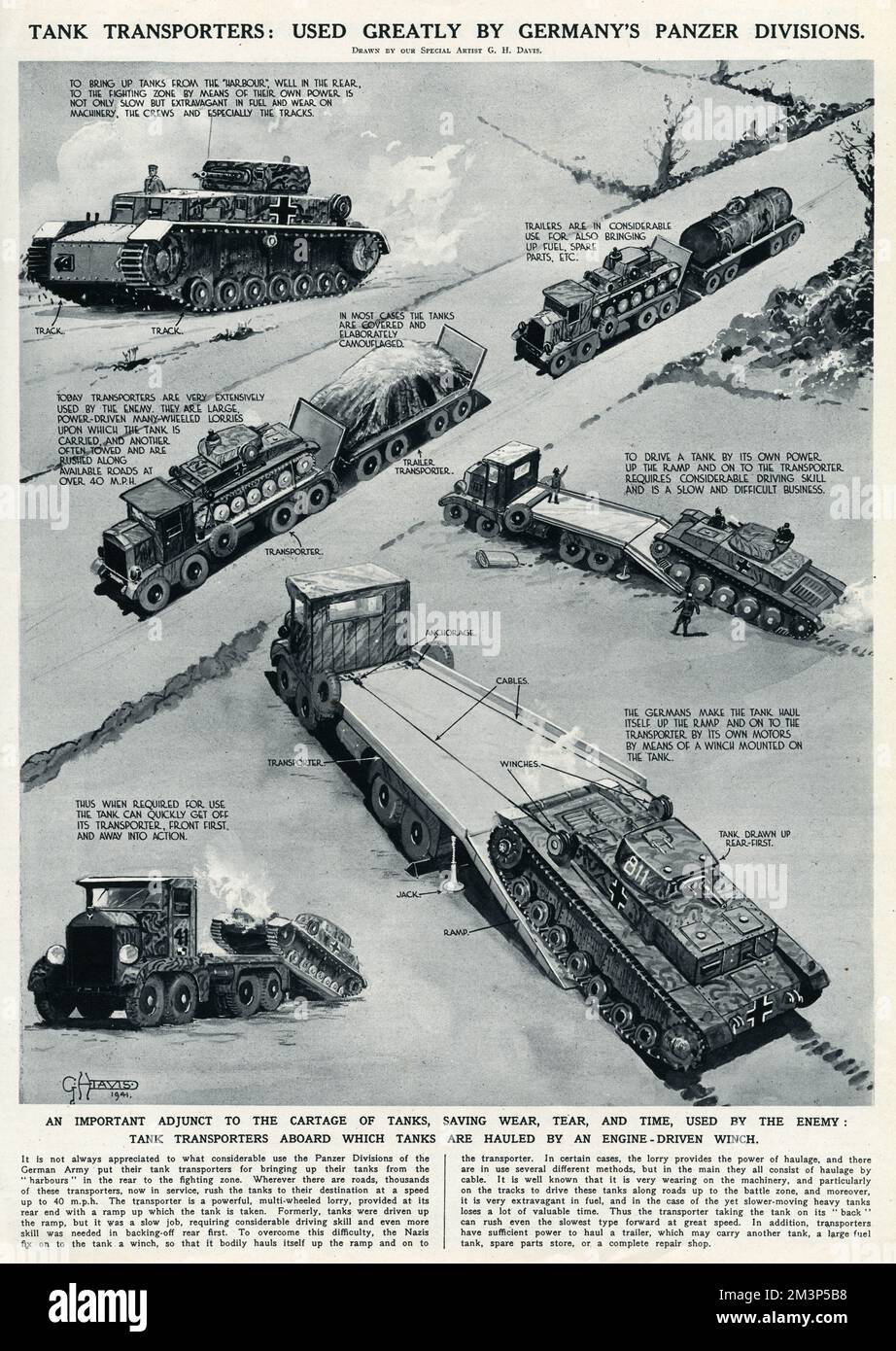 Tank transporters: used greatly by Germany's Panzer divisions during the Second World War.  An important adjunct to the cartage of tanks, saving wear, tear and time.  Tanks are hauled aboard the transporter by an engine-driven winch.      Date: 1941 Stock Photo