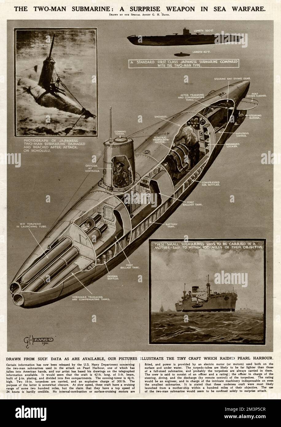 The Japanese two-man submarine: a surprise weapon in sea warfare during the Second World War.  An illustration of the tiny craft which raided Pearl Harbour, and a photograph (top left) of the vessel damaged and beached after the attack on Honolulu.       Date: 1941 Stock Photo
