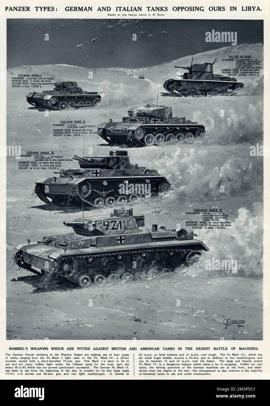 Panzer types: German and Italian tanks opposing British tanks in the Libyan desert during the Second World War.       Date: 1941 Stock Photo