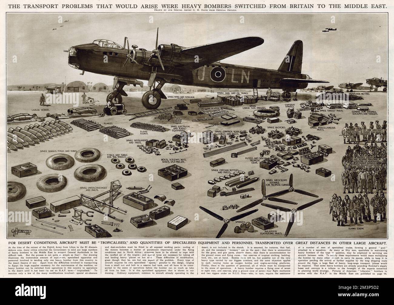 The transport problems that would arise were heavy bombers switched from Britain to the Middle East during the Second World War.  Aircraft must be adapted for desert conditions, and specialised equipment and personnel transported over great distances in other large aircraft.      Date: 1942 Stock Photo