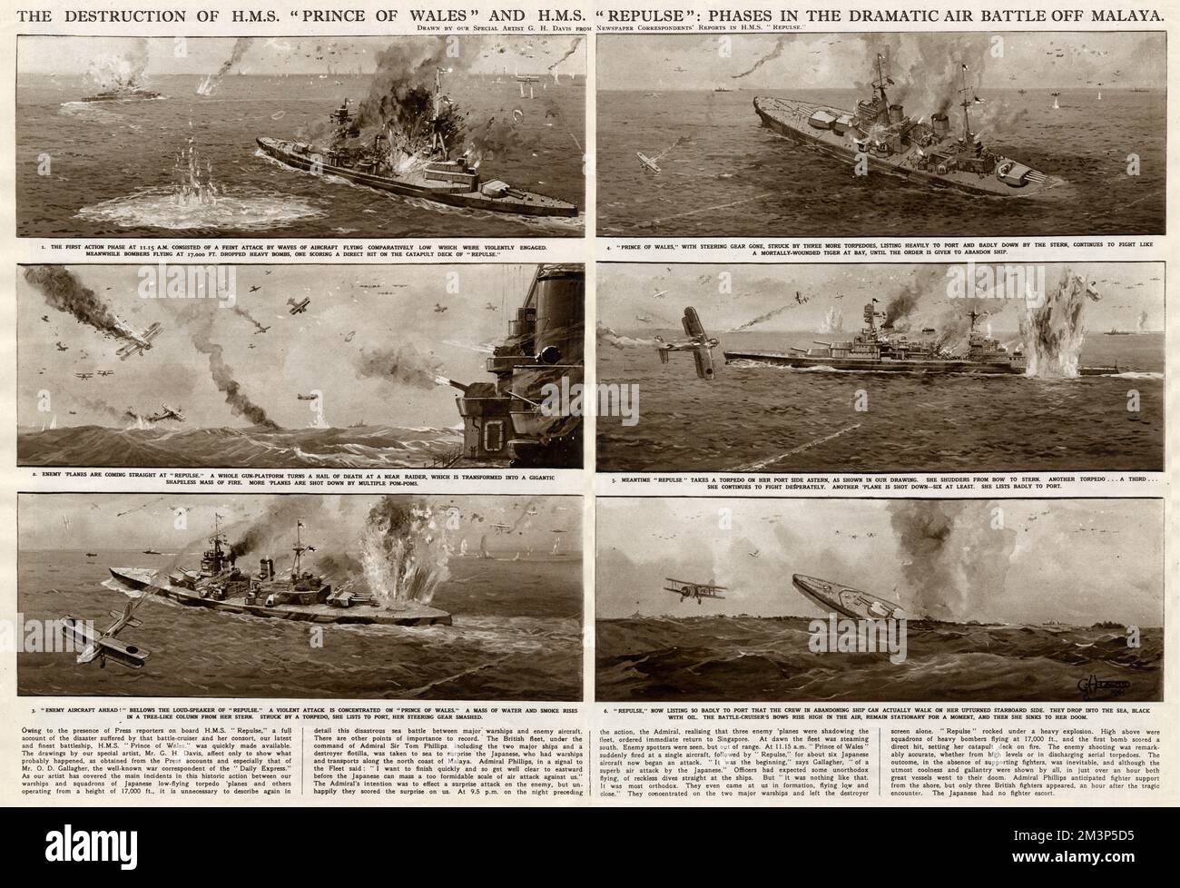 The destruction of HMS Prince of Wales and HMS Repulse: phases in the dramatic air battle off Malaya during the Second World War, when British ships were attacked by Japanese planes.       Date: 1941 Stock Photo
