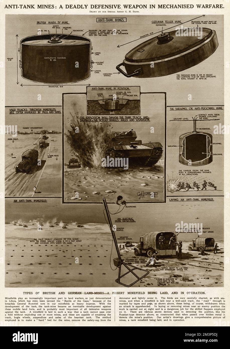Anti-tank mines: a deadly defensive weapon in mechanised warfare during the Second World War.  Types of British and German land mines -- a desert minefield being laid, and in operation.      Date: 1942 Stock Photo