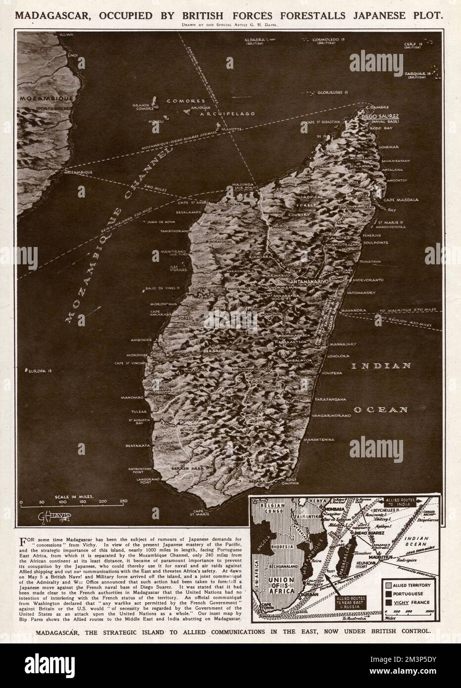 Madagascar, the strategic island to Allied communications in the East, occupied by British forces, forestalls a Japanese plot during the Second World War.  At the time, Madagascar belonged to Vichy France.       Date: 1942 Stock Photo