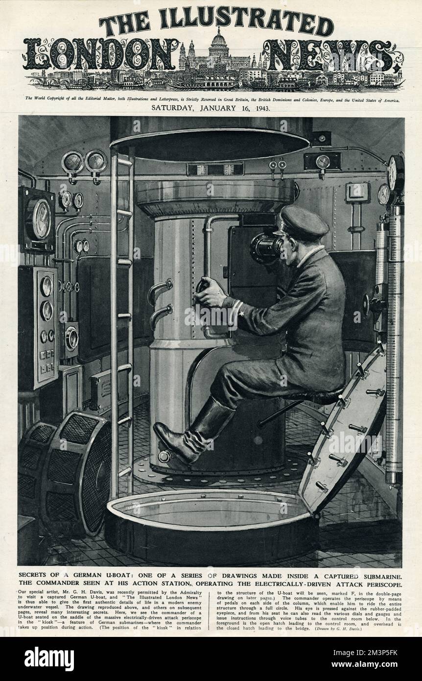 Secrets of a German U-boat: one of a series of drawings made inside a captured submarine during the Second World War.  The commander is seen at his action station, operating the electrically-driven attack periscope.       Date: 1943 Stock Photo