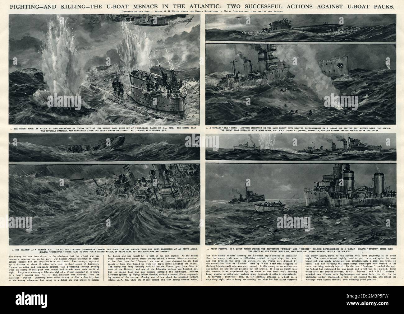 Actions against U-boats in Atlantic by G. H. Davis Stock Photo