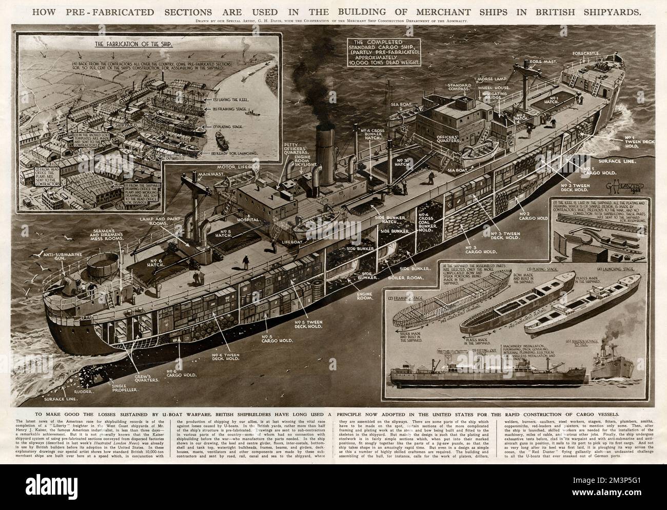 How pre-fabricated sections are used in the building of merchant ships in British shipyards during the Second World War.  Rapid construction of cargo vessels to make good the losses sustained by U-boat warfare.       Date: 1943 Stock Photo