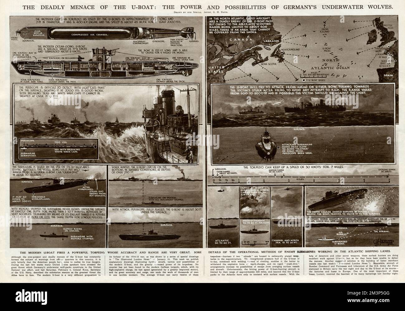 The deadly menace of the U-boat: the power and possibilities of Germany's underwater wolves.  Some details of the operational methods of enemy submarines working in the Atlantic shipping lanes during the Second World War.  Torpedoes fired are powerful, with great range and accuracy.      Date: 1943 Stock Photo