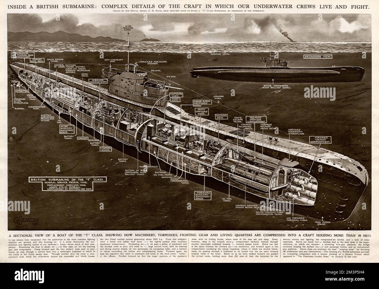 Inside a British submarine in use during the Second World War: complex details of the craft in which underwater crews live and fight.  A sectional view of a boat of the T Class, showing how machinery, torpedoes, fighting gear and living quarters are compressed into a craft housing more than 50 men.      Date: 1943 Stock Photo