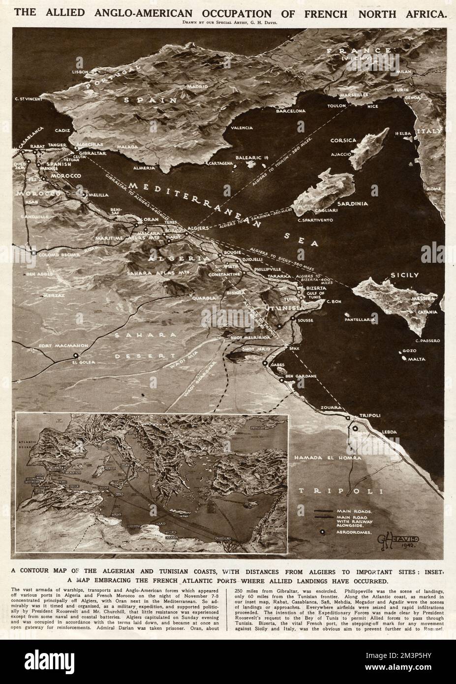 The Allied Anglo-American occupation of French North Africa during the Second World War.  A contour map of the Algerian and Tunisian coasts, with distances from Algiers to important sites.  Inset, a map showing the French Atlantic ports where Allied landings have occurred.      Date: 1942 Stock Photo