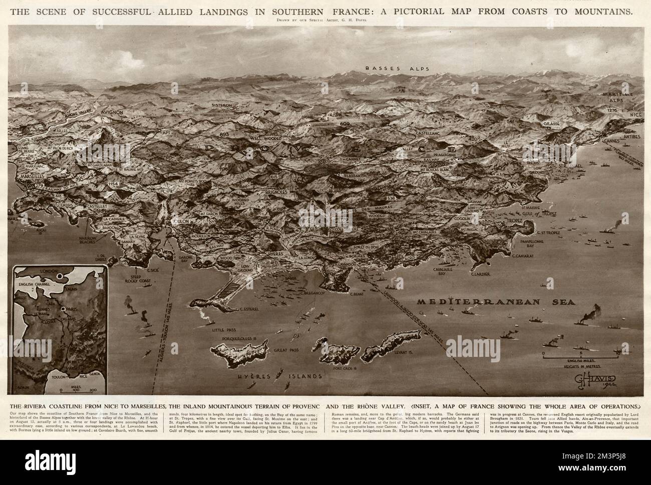 The scene of successful Allied landings in southern France during the Second World War: a pictorial map from coasts to mountains.      Date: 1944 Stock Photo