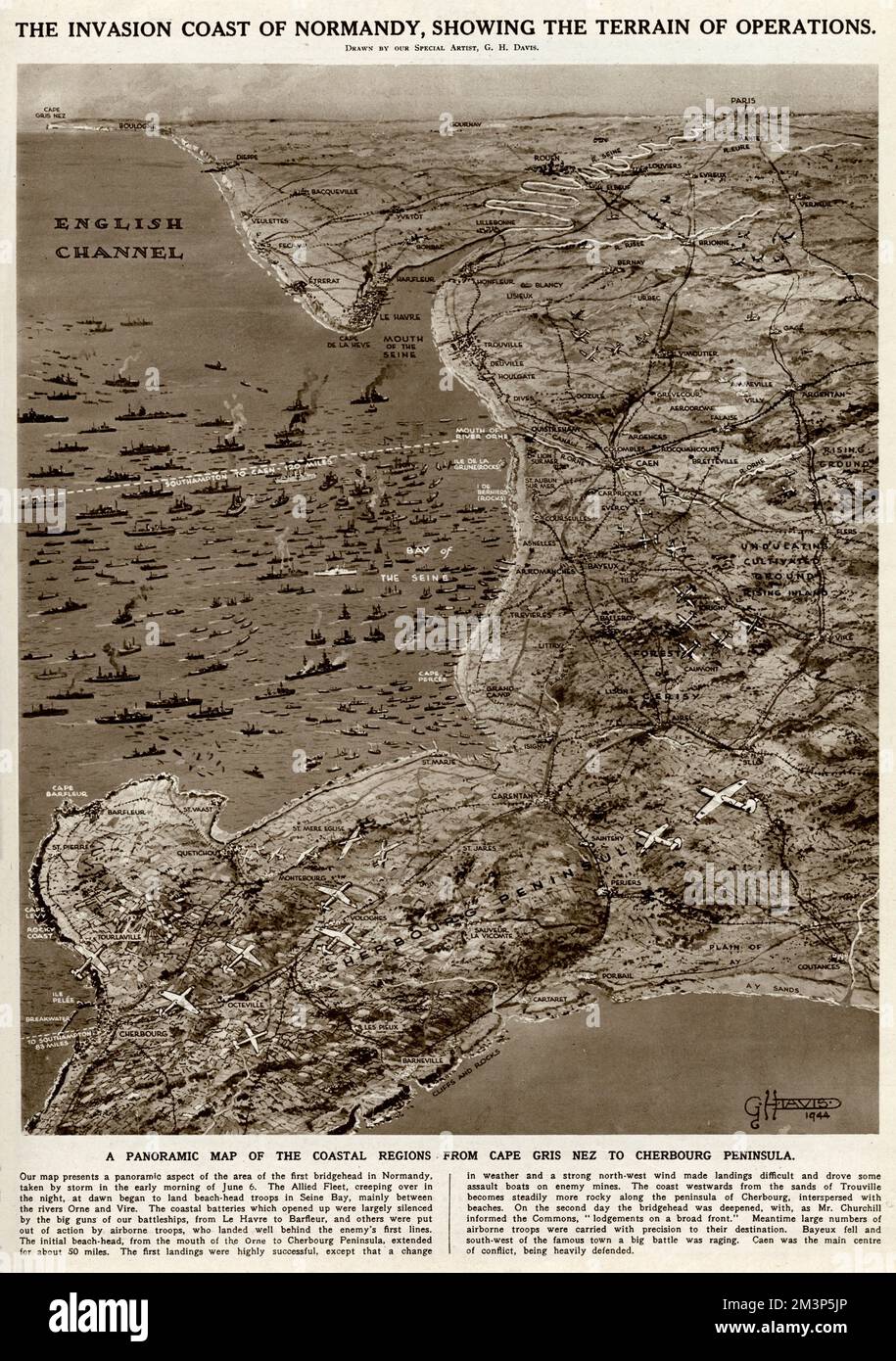 The invasion coast of Normandy, showing the terrain of operations during the Second World War.  A panoramic map of the coastal regions from Cap Gris Nez to the Cherbourg Peninsula. Stock Photo