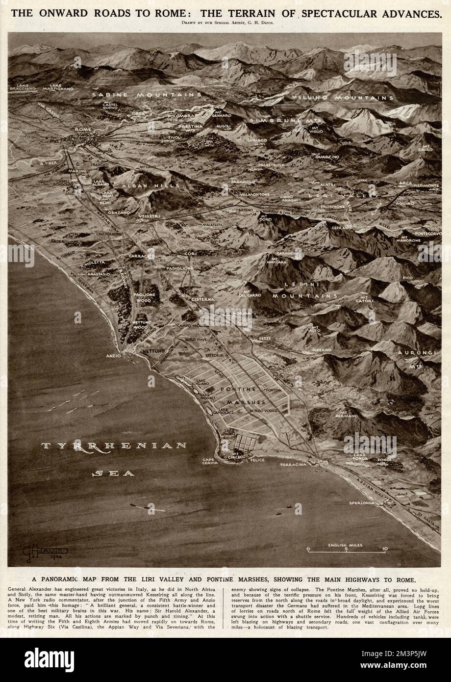 The onward roads to Rome: the terrain of spectacular advances during the Second World War.  A panoramic map from the Liri Valley and Pontine Marshes, showing the main highways to Rome. Stock Photo