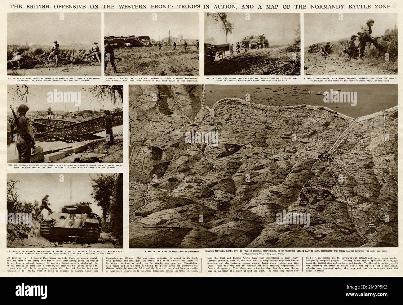 The British offensive on the Western Front during the Second World War: troops in action, and a map of the Normandy battle zone. Stock Photo