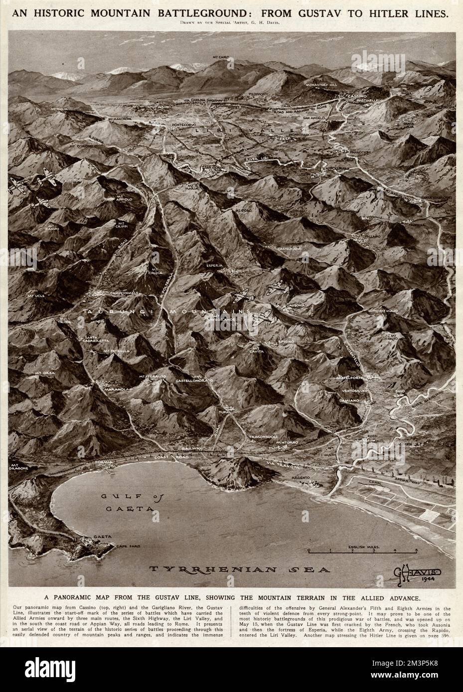 An historic mountain battleground during the Second World War: from Gustav to Hitler Lines (from Cassino, top right).  A panoramic map showing the mountain terrain in the Allied advance in Italy towards Rome. Stock Photo