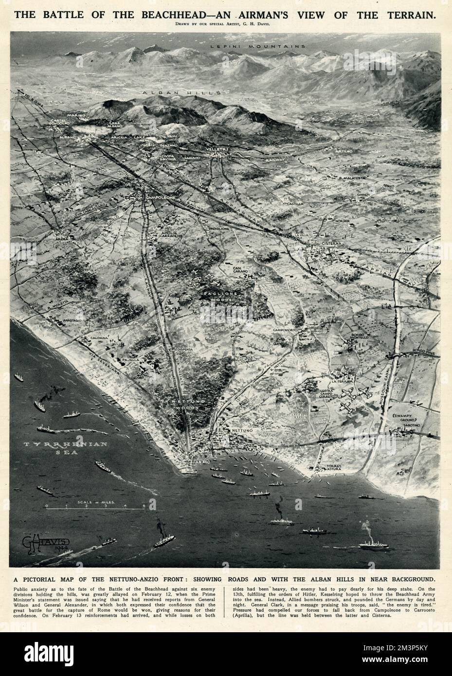 The battle of the beachhead -- an airman's view of the terrain.  A pictorial map of the Nettuno-Anzio Front, showing roads, with the Alban Hills in the background.  This was the scene of Operation Shingle, the Allied amphibious landing in the push towards Rome. Stock Photo