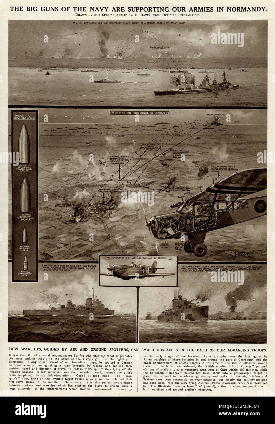 The big guns of the Royal Navy supporting the Allied armies in Normandy during the Second World War.  How warships, guided by air and ground spotters, can remove obstacles in the path of advancing troops. Stock Photo