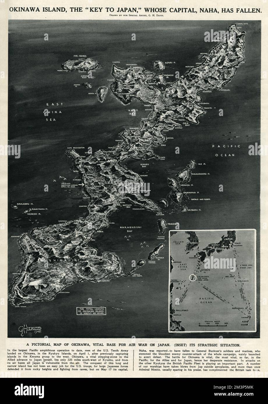 Okinawa island, the 'Key to Japan', whose capital, Naha, had just fallen towards the end of the Second World War.  It was a vital base for the air war on Japan.      Date: 1945 Stock Photo