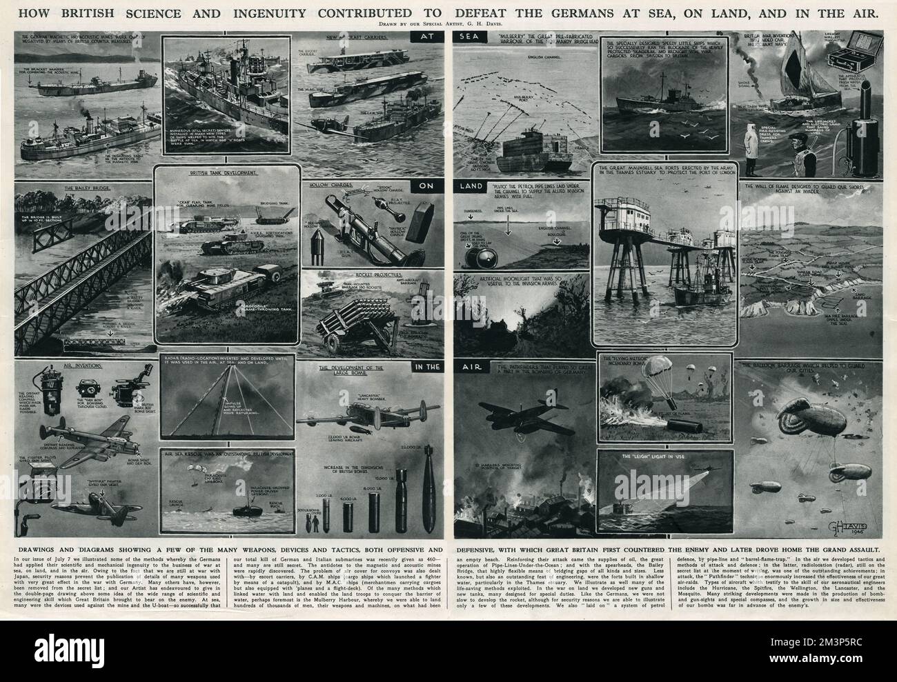 How British science and ingenuity contributed to the defeat of the Germans at sea, on land, and in the air.  A few of the many weapons, devices and tactics, both offensive and defensive, used against the enemy during the Second World War. Stock Photo