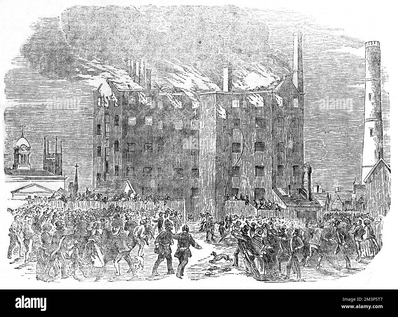A fire takes hold of Joseph Davenport's silk mill, in Albert Street, near the cornmarket, Derby. The fire started in the roof and the lower storeys were saved, but silk and machinery were damaged, in part by the water which was required to put the fire out.     Date: July 1853 Stock Photo