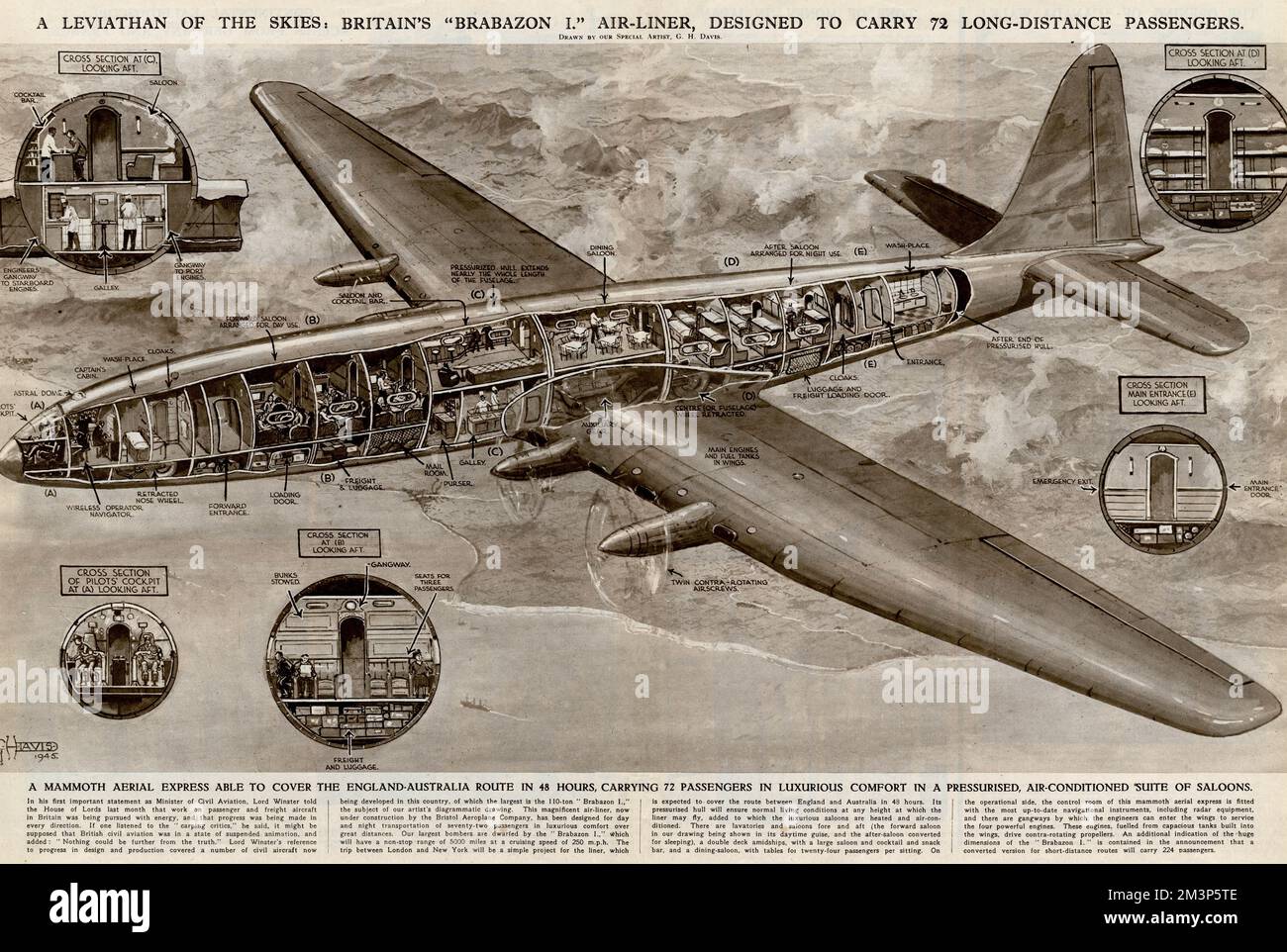 A Leviathan of the skies: Britain's Brabazon I airliner, designed to carry 72 long-distance passengers.  A mammoth aerial express able to cover the England-Australia route in 48 hours, carrying 72 passengers in luxurious comfort in a pressurised, air-conditioned suite of saloons. Stock Photo