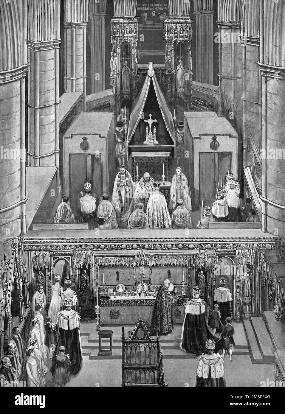 A diagrammatic drawing to show the function of the Shrine of St. Edward in Westminster Abbey during the Coronation ceremony (in this case, that of King Edward VI).  After the King is crowned, he passes through the door on the South side of the high altar into St. Edward's Chapel.  The Queen at the same time passes into the chapel via a door on the North side of the altar.  The King, standing before the altar delivers the sceptre with the dove to the Archbishop who lays it on the altar.  He is then disrobed of his Royal Robe of State and arrayed in a Robe of purple velvet and, wearing his Imper Stock Photo