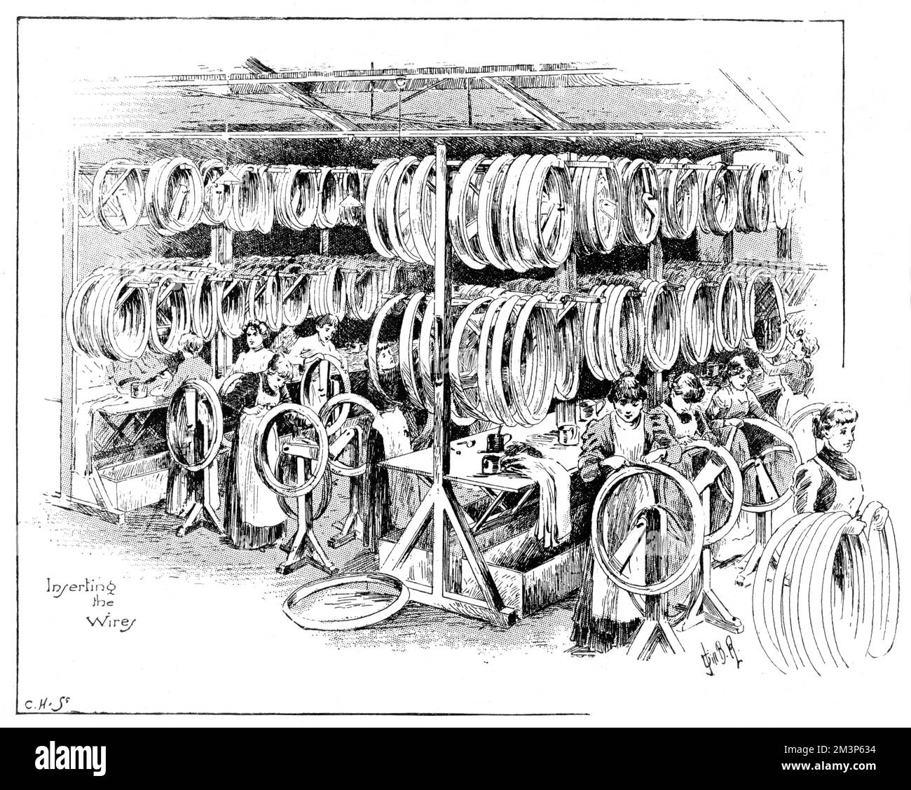 Manufacture of cycling accessories: women inserting the wires into Dunlop pneumatic tyres.  1896 Stock Photo