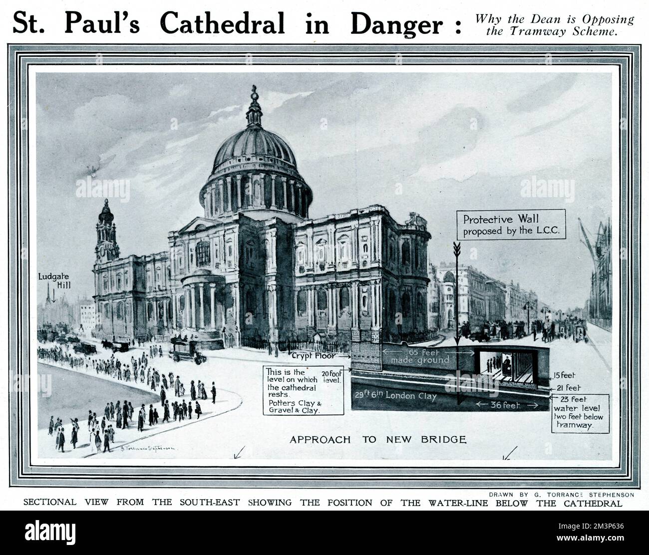 St. Paul's Cathedral in danger: why the Dean is opposing the tramway scheme.  Sectional view from the south east showing the position of the waterline below the cathedral.  There was concern over plans to build an underground line close to the foundations of the building.      Date: 1913 Stock Photo