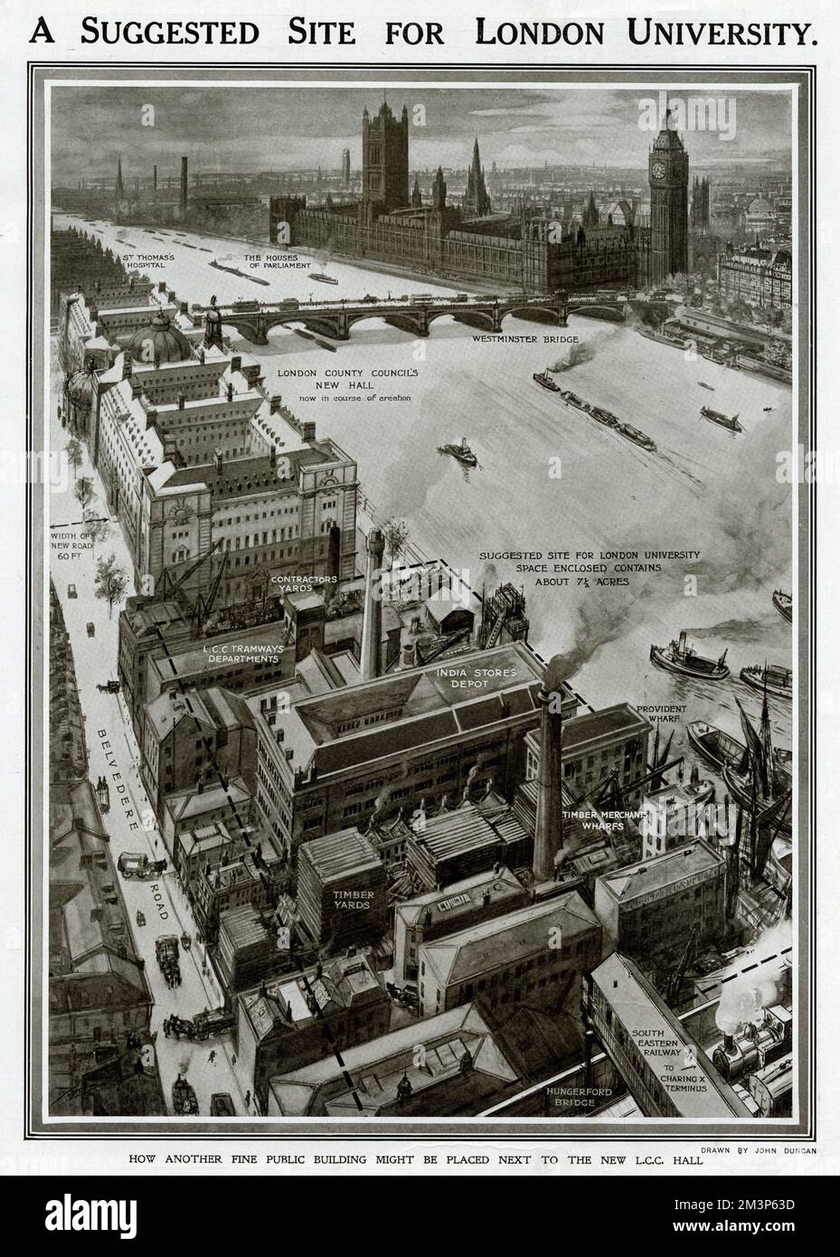 A suggested site for London University: how another fine building might be placed next to the new LCC Hall (later known as County Hall).  Showing the South Bank of the River Thames alongside Belvedere Road, where the space earmarked contains industrial buildings such as stores and depots.    1912 Stock Photo