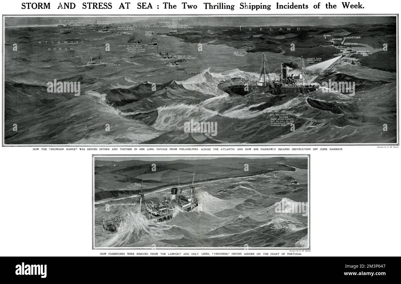 Storm and stress at sea: the two thrilling shipping incidents of the week.  Above: how the Snowdon Range was driven hither and thither in her long voyage from Philadelphia across the Atlantic and how she narrowly escaped destruction off Cork Harbour.  Below: how passengers were rescued from the Lamport and Holt liner, Veronese, driven ashore on the coast of Portugal. Stock Photo