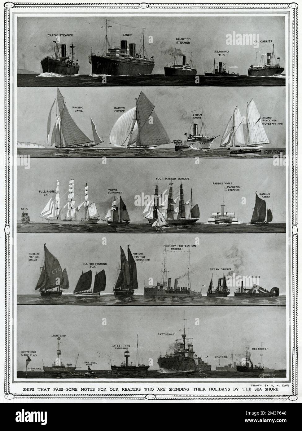 Ships that pass -- some notes for our readers who are spending their holidays by the sea shore.  The ships are: cargo steamer, liner, coasting steamer, seagoing tug, oil carrier, racing yawl, racing cutter, steam yacht, racing schooner, brig, full rigged ship, topsail schooner, four masted barque, paddle wheel excursion steamer, sailing barge, English fishing smack, Scotch fishing boat, French fishing schooner, fishery protection cruiser, steam drifter, dredger, surveying mark flag, submarine, lightship, gas bell buoy, latest type lightship, battleship, cruiser and destroyer. Stock Photo